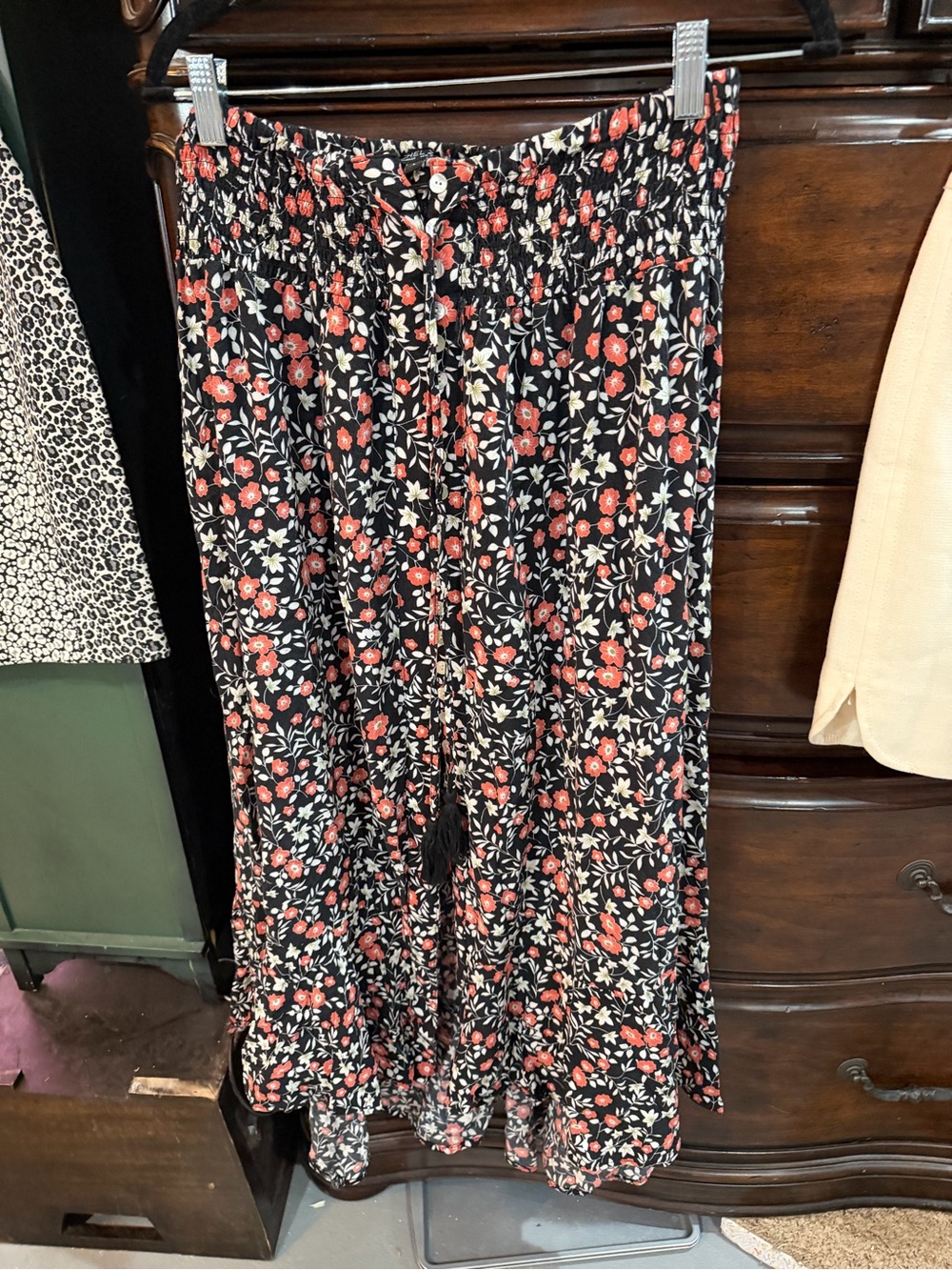 Chelsea & Zoe Black Maxi Skirt with Red and Cream Floral Print